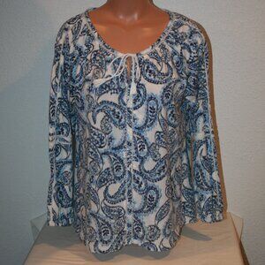 LAUREN Ralph Long Sleeve Paisley Large Blue Blouse Top Tassels Lace Womens